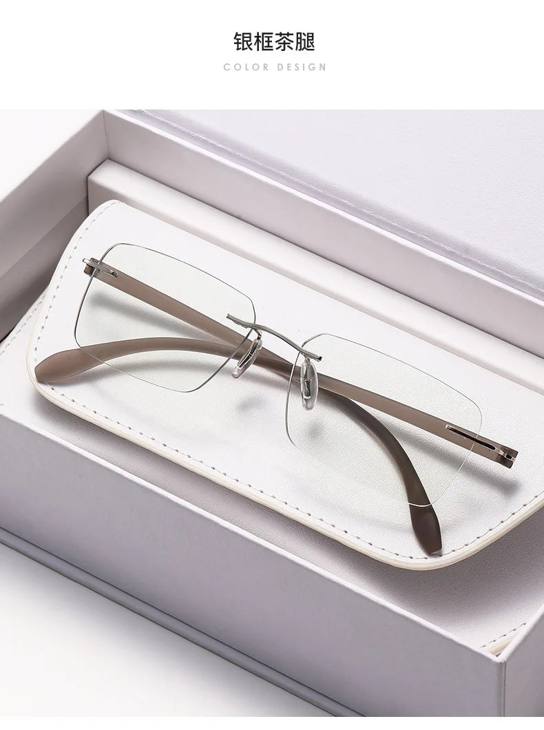 Rimless Photochromic Reading Glasses Auto Color Changing Light Sensitive Presbyopia Glasses Ultralight Frameless Eyeglasses for