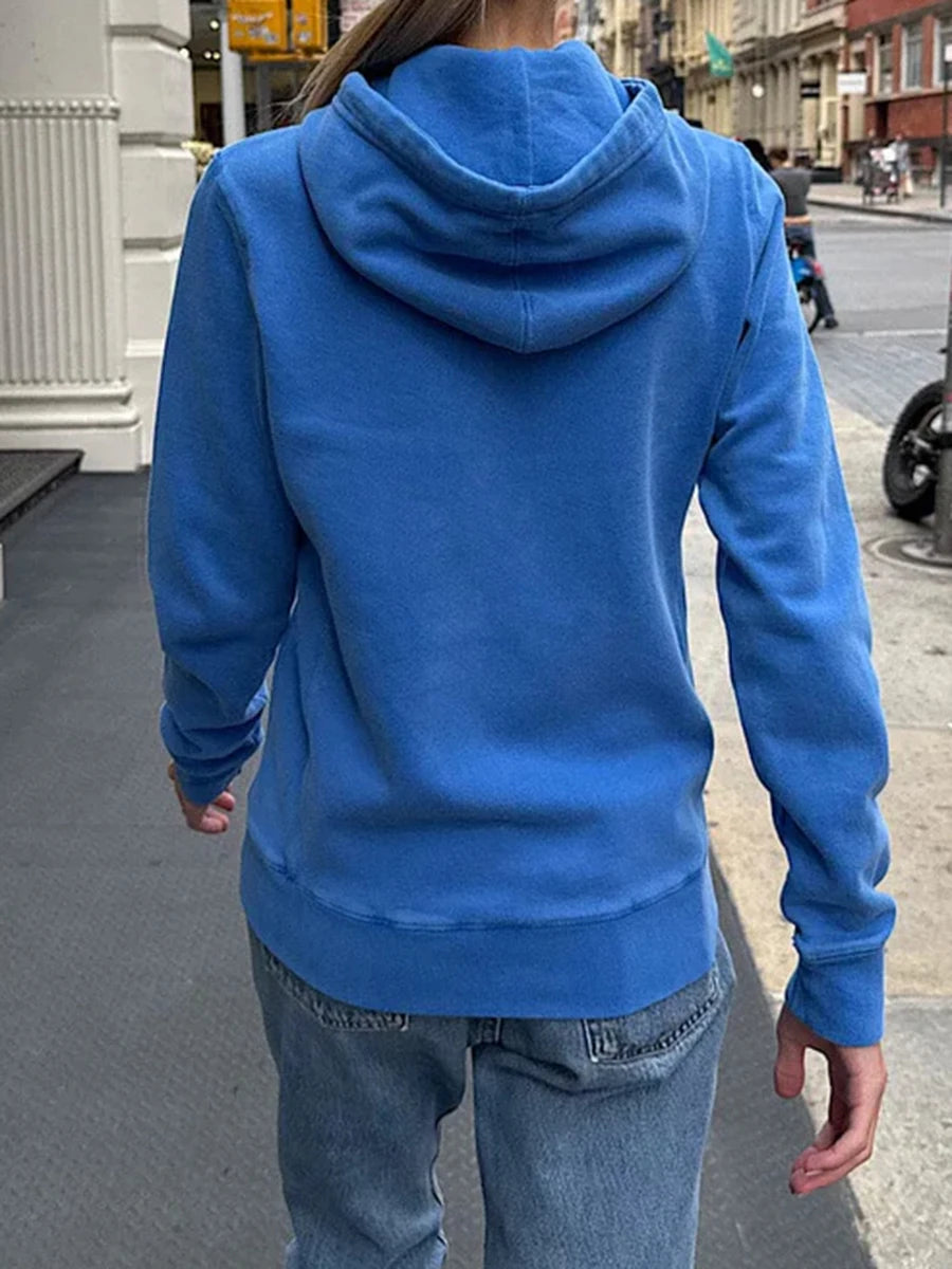Blue Long Sleeve Zip-up Hoodies Women Autumn Pocket Drawstring Hooded Sweatshirts Preppy Style American Vintage Zipper Outerwear
