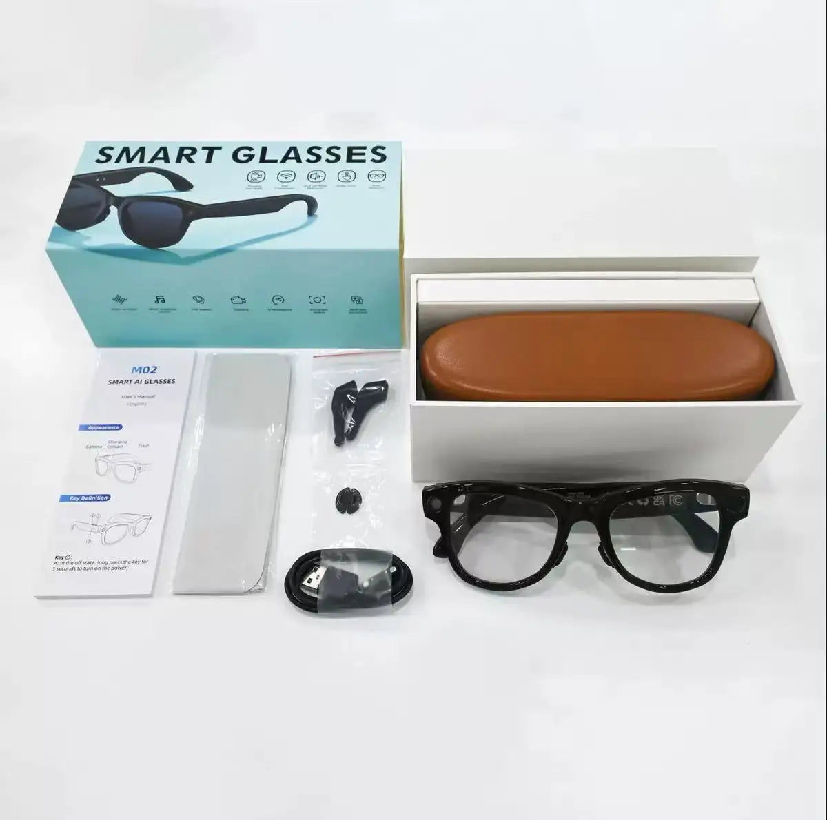 AI Smart Glasses M02Ultra with Charging Case - 800MP Camera, Object Recognition, Translation, WiFi, Navigation, Recording