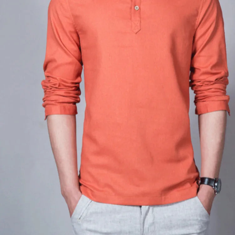 Men’s Solid-color Cotton Linen Shirt Long Sleeve Plus Size Casual