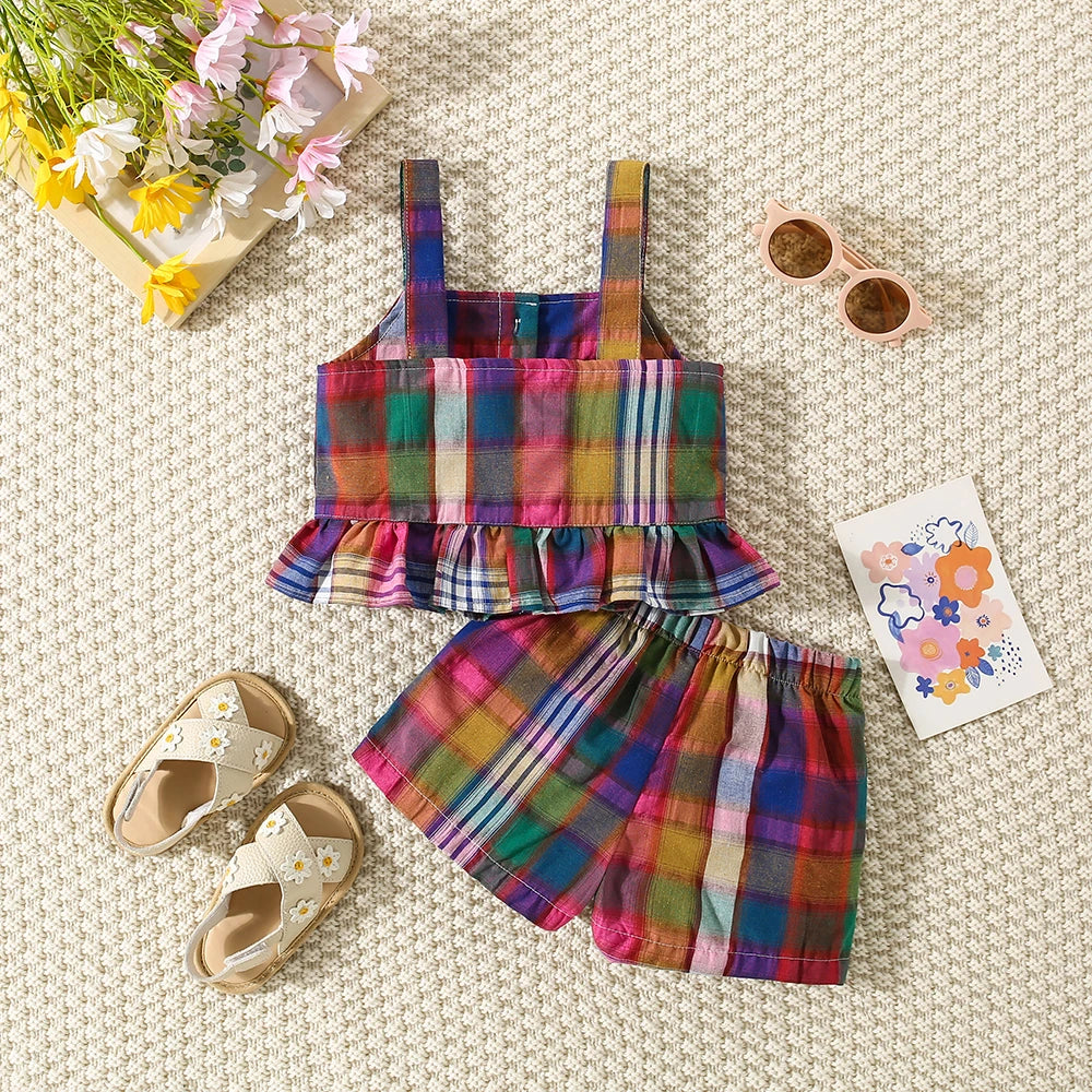 Summer New Baby Girls Two-Piece Set Plaid Pattern Sweet Two-Piece Set Pastoral Ruffled Lace Buttons + Shorts