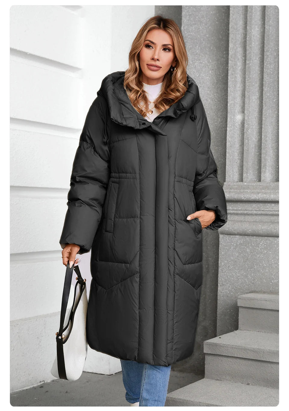 GASMAN 2024 Winter Down Jacket Women Long Classic zipper Design Pocket Stand Collar Hooded Slim Coat Women Parkas 88590