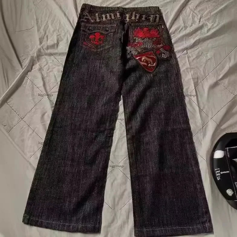 Jeans letter embroidered black loose trousers Couple fashion retro new athlete street clothing Y2K Harajuku street wear trousers