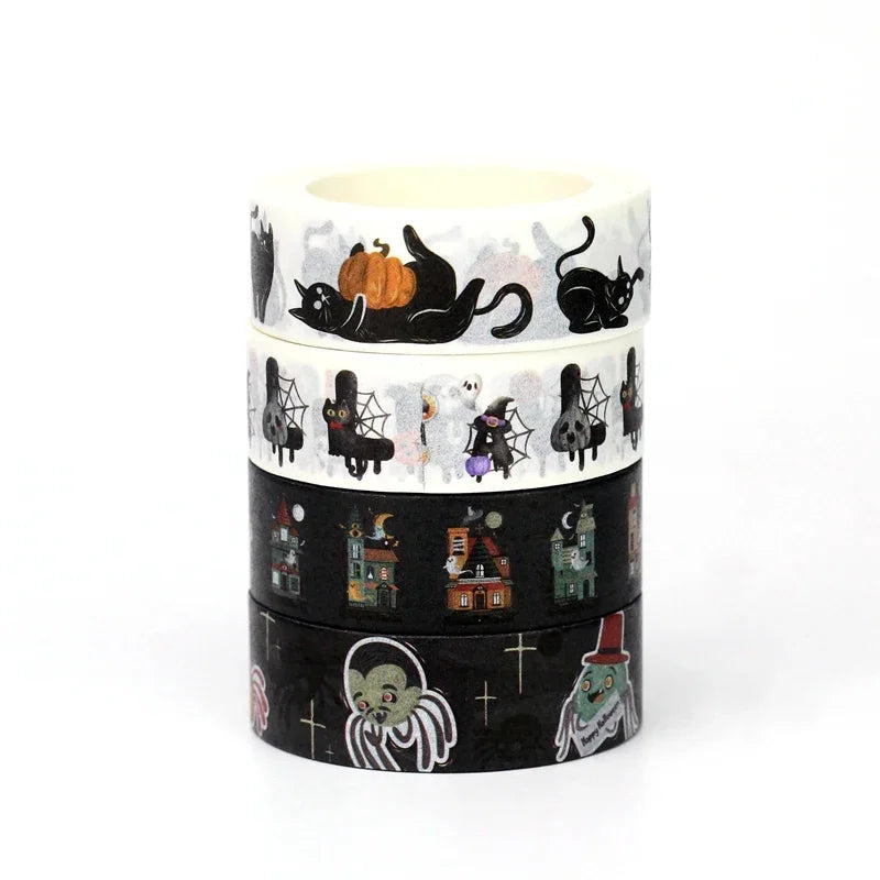 1pc 10M Deco Bat Rose Skull Black Cat Haunted House Halloween Masking Washi Tape Set for Scrapbooking Cute Journal Stationery