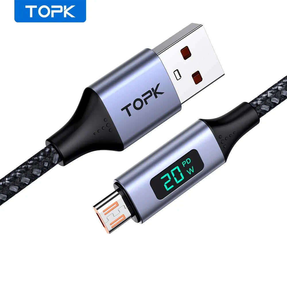 TOPK Micro USB Cable USB Type C Cable 3A for Samsung Xiaomi Fast Charging USB C With Digital Display Mobile Phone Cable