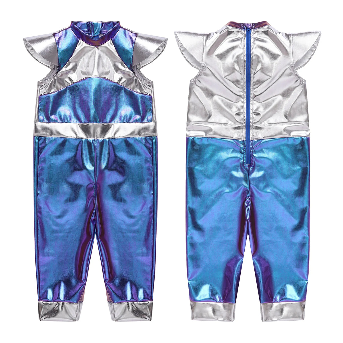 Toddler Boys Girls Metallic Alien Dress-up Costume Jumpsuit Halloween Outer Space Party Cap Sleeve Shiny Romper for Photography