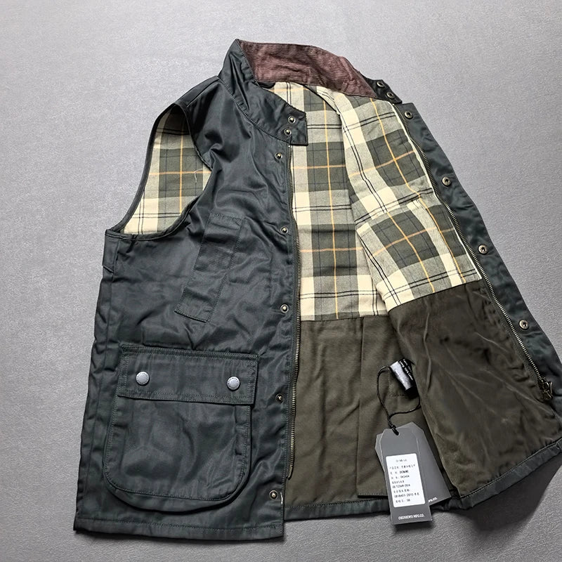 2026 Autumn Winter New American Retro Sleeveless Cargo Vest with Oil Wax Men's Multi-pockets Casual Heavyweight Waterproof Coat