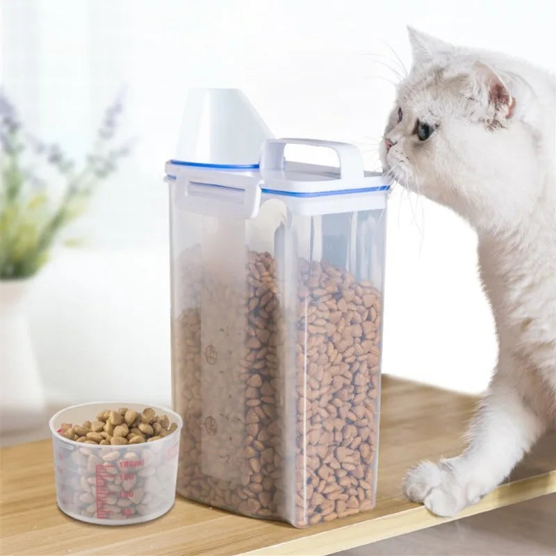 Dog Cat Food Pail Plastic Storage Tank with Measuring Cup Container Moisture-proof Sealed Jar Pet Supplies Accessories