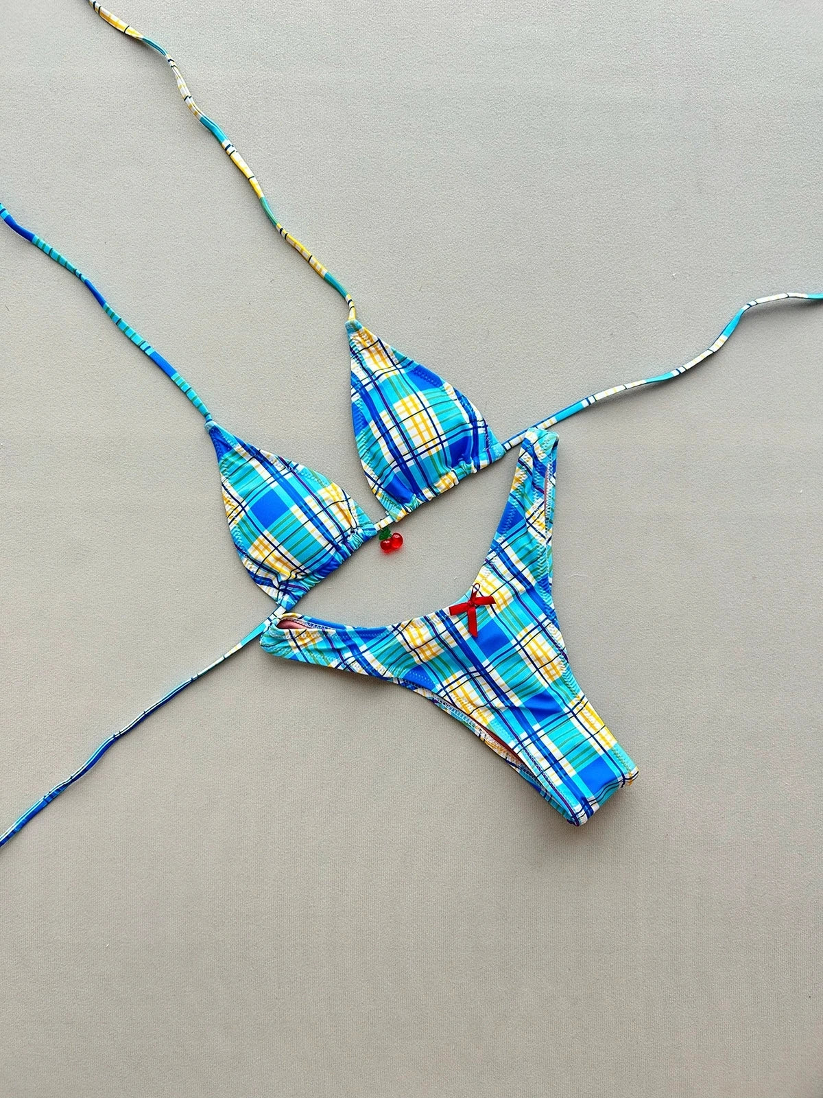 Sexy Blue Plaid Micro Bikini Set 2026 Women Halter Push Up Bra Bow Thong Swimsuit Summer Holiday Bathing Suit Triangle Swimwear