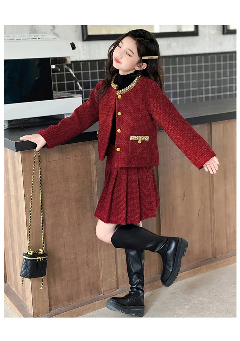 design winter teen girl clothes set beaded round neck jacket+Pleated skirt 2pcs Christma junior children outfit kids suit 4-14