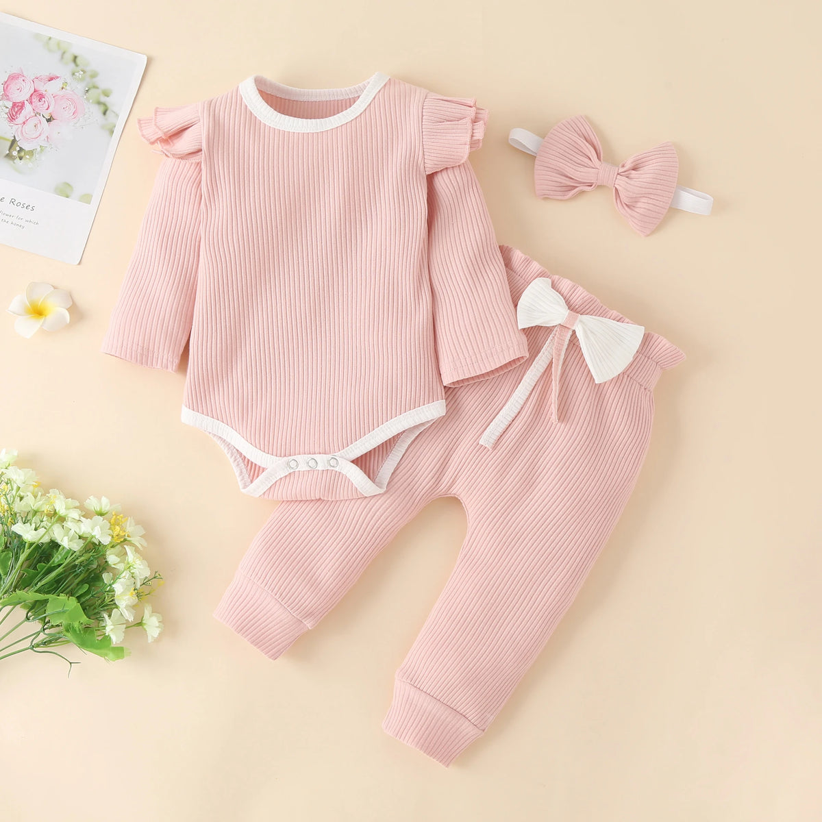 3Pcs Baby Girl Outfit Set Newborn Toddler Kids Clothing Set Baby Girls Lace Ruffles Cotton Bodysuit +Pants+Headband Clothing