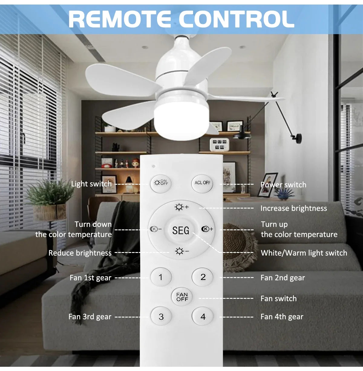 Indoor Fan Light Bulb Dimmable LED Ceiling Fans with Lights Remote Adjustable Color and Brightness Fan for Kitchen Bedroom