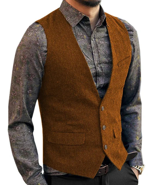 Deep V-Neck Suit Vests  Classical Formal  Business Herringbone  Wood Waistcoat Slim Fit Men's Vest For Wedding