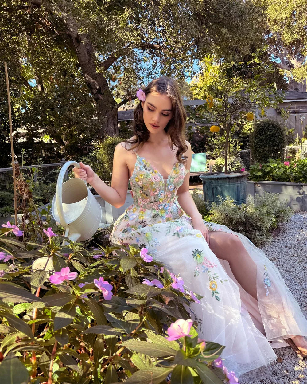 Amanda Customized Spaghetti Strap Floral Embroidery Tulle Prom Dress Side Split vestidos de noche A-Line Pleated Formal Evening