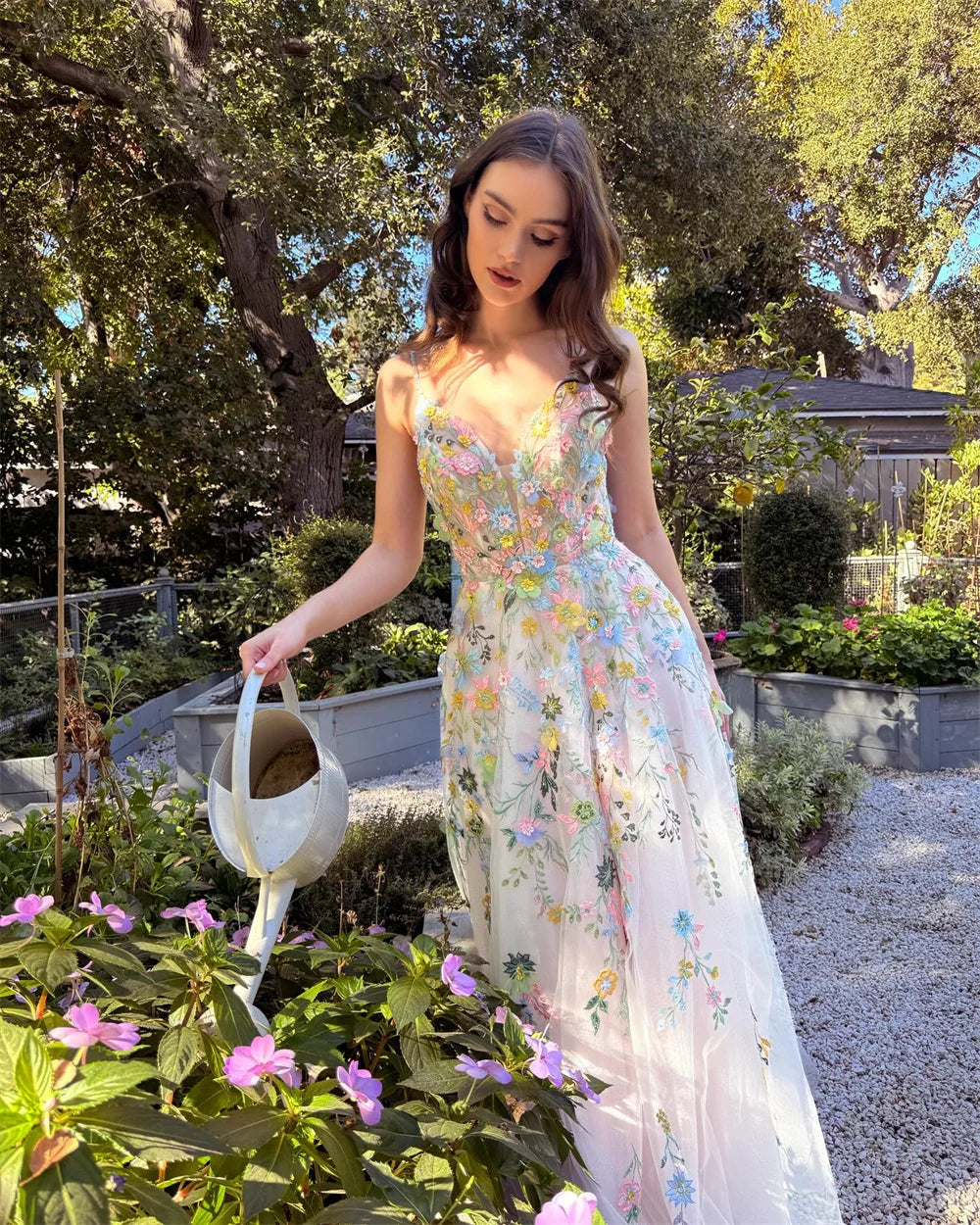 Amanda Customized Spaghetti Strap Floral Embroidery Tulle Prom Dress Side Split vestidos de noche A-Line Pleated Formal Evening