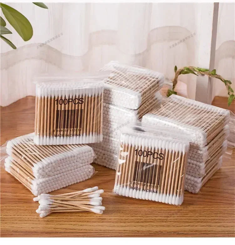 100Pcs/Pack Baby Cotton Swabs Wooden Stick Soft Tip Buds for Ear Nose Cleaning 1-20 Packs Infants Kids Hygiene Care Beauty Tools
