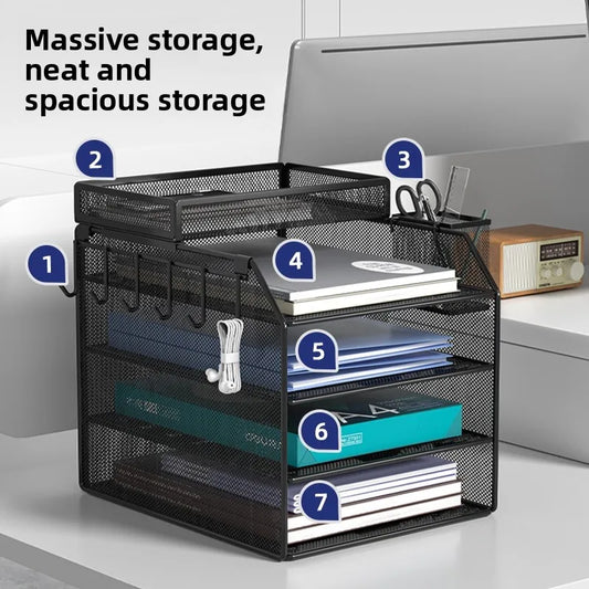 4 Trays Paper Organizer Letter Tray with Handle-Mesh Desk File Organizer, Paper Sorter Desk Organizer for Office, Home or School