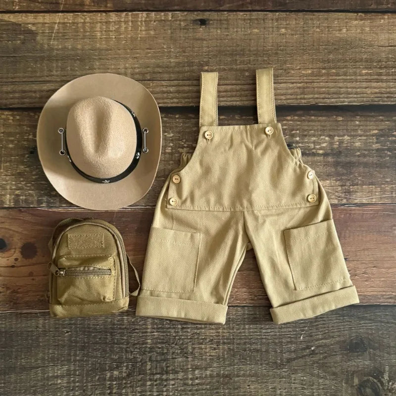 3pcs/set Adorable Baby Suit, Newborn Photography Outfits Retro Overalls Tool Kit + Hat, Western Cowboy Style Shooting Props
