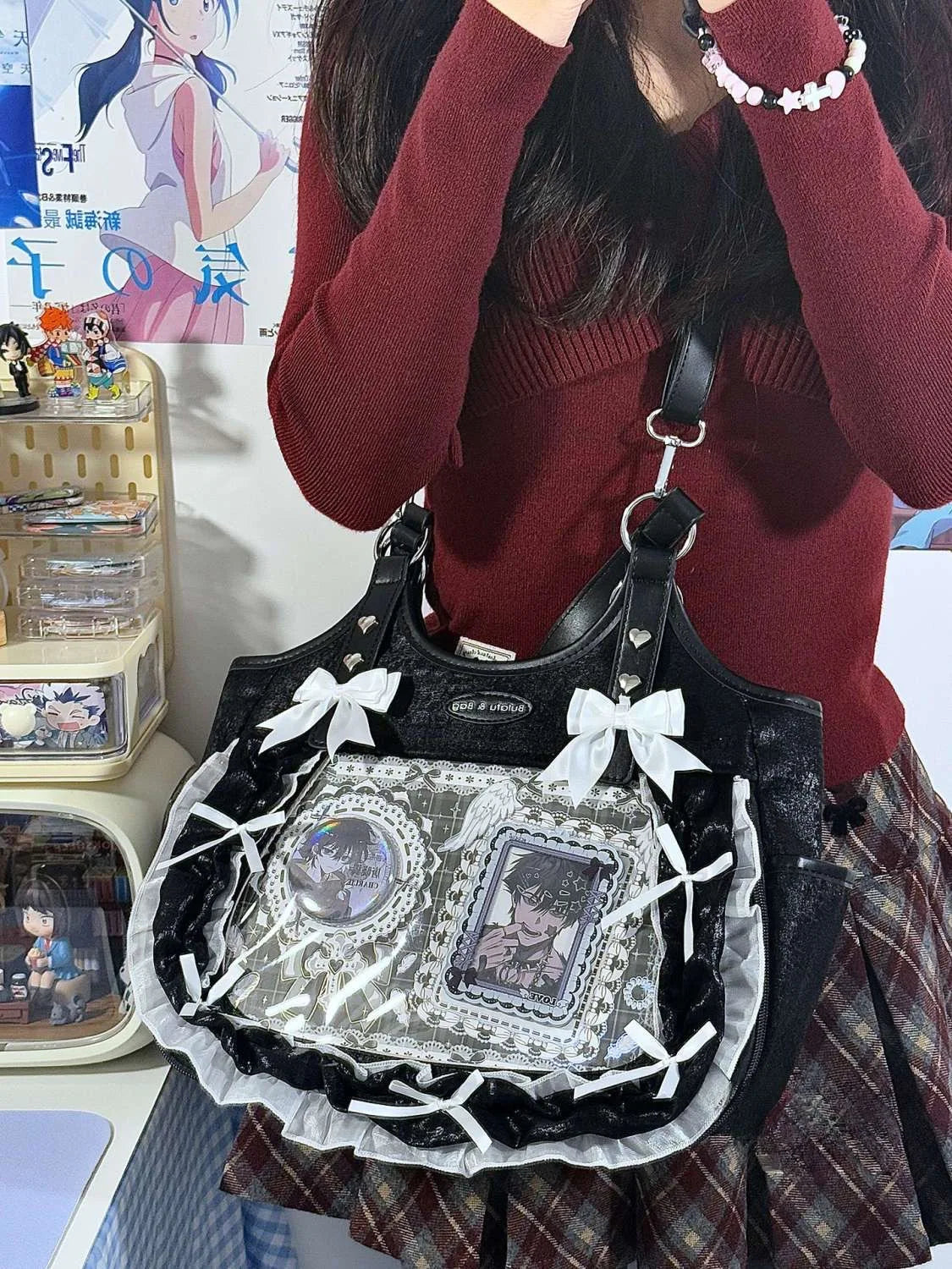 Women Luxury Design Ruffled Lolita Handbag Punk Gothic Bow Crossbody Bags Transparent Sweet Lace Shoulder Ita Bag Y2k Aesthetic