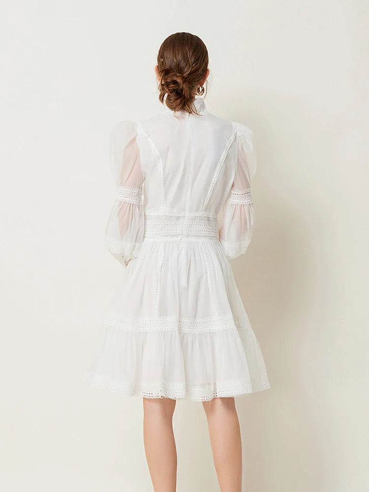 Luxury Vintage Women's Lace patchwork dress 2025 Spring Beach Long puff sleeve mini dresses White Black Lady vestidos 4D145