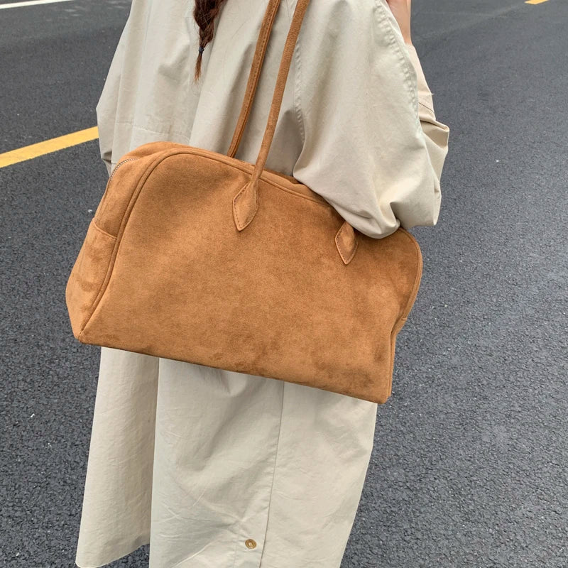 Vintage Women Business Shoulder Bags Simple Ladies Commute Tote Bag Suede Leather Female Underarm Bag Burgundy Large Handbags