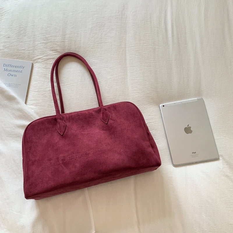 Vintage Women Business Shoulder Bags Simple Ladies Commute Tote Bag Suede Leather Female Underarm Bag Burgundy Large Handbags