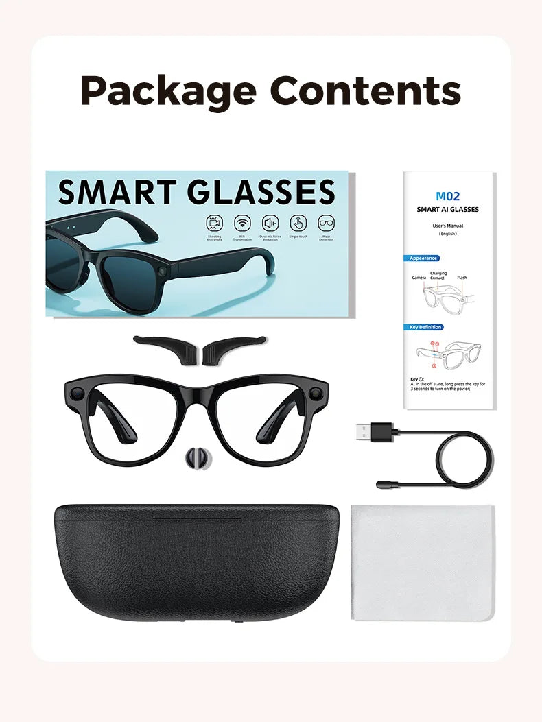 AI Smart Glasses M02Ultra with Charging Case - 800MP Camera, Object Recognition, Translation, WiFi, Navigation, Recording