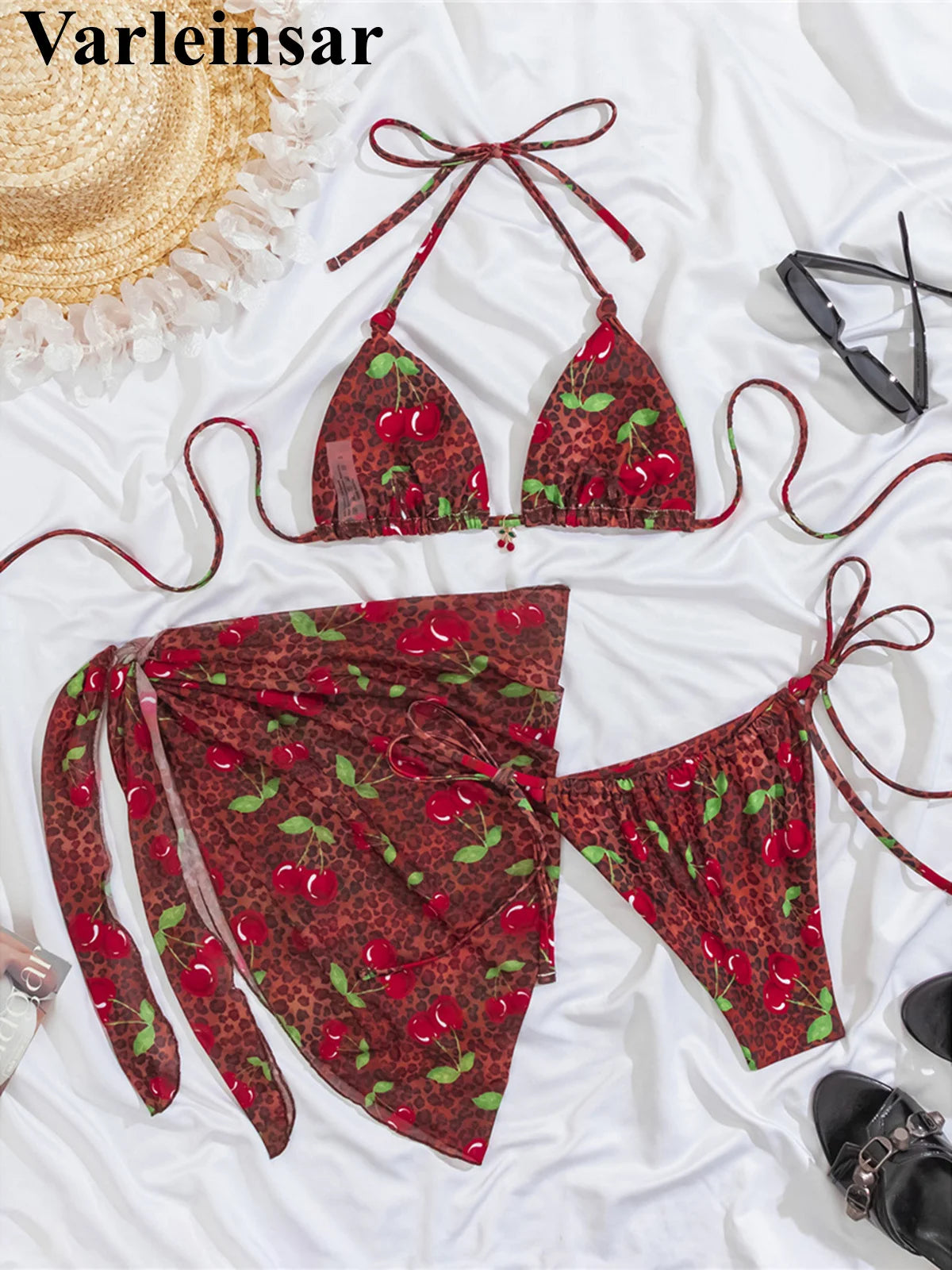 With Sarong Leopard Printed Bikini Women Swimwear Female Swimsuit Three-Pieces Bikini Set Halter Bather Bathing Suit Swim V7900