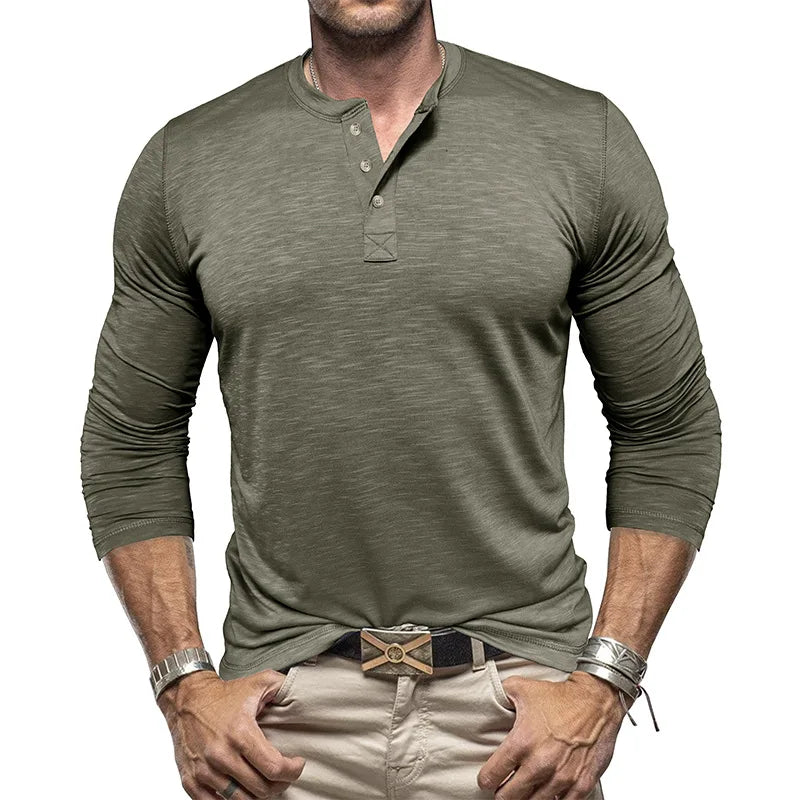 New Men's Bamboo Joint Cotton European and American Men's Long-sleeved Henry Neck T-shirt