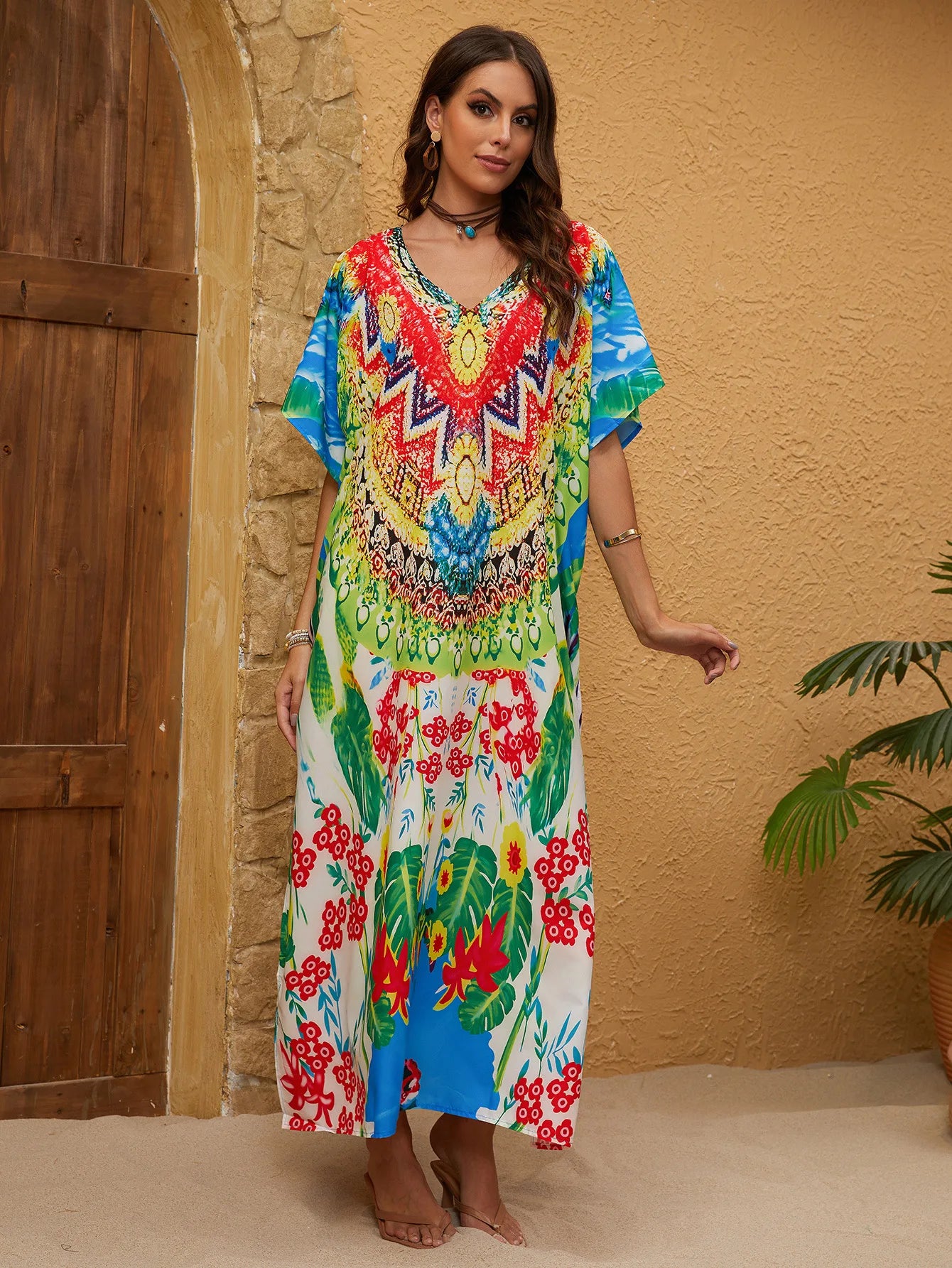 Women's Casual Kaftan Dresses Long Maxi Plus Size Geometric Print Beach Cover Up Vacation Outfits