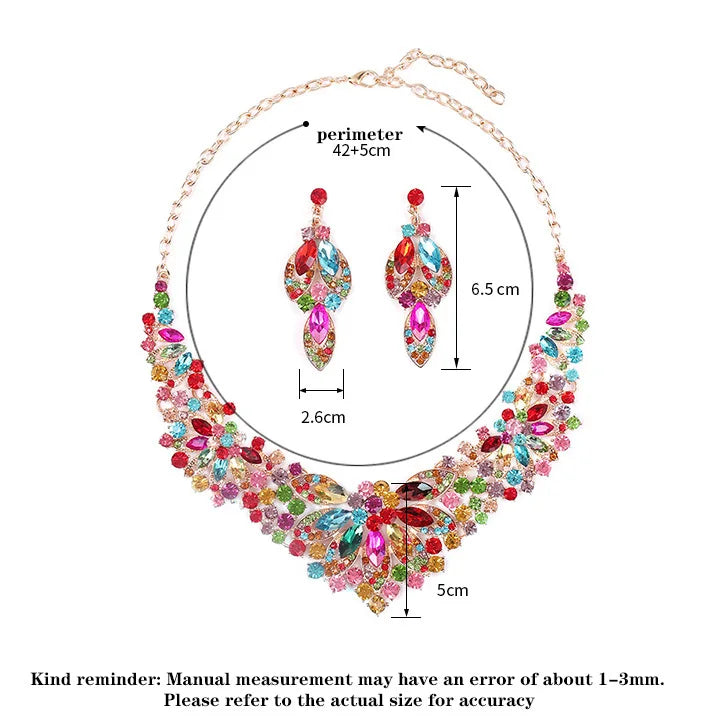 Advanced design retro necklace earring set leaf Multicolored flowers luxurious crystal jewelry bride's wedding dress accessories