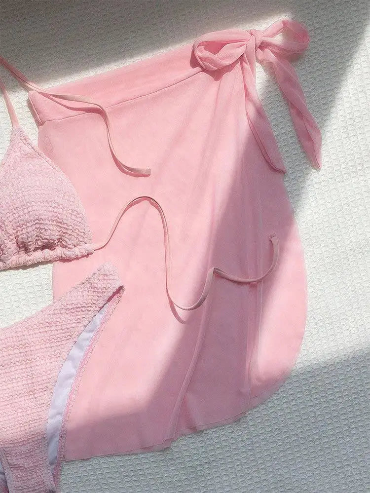 Pink Solid Color 3-piece Swimsuit Women 2026 Summer Beach Skirt Bikini V-neck Halter Backless Bathing Suit Summer Beach Swimwear