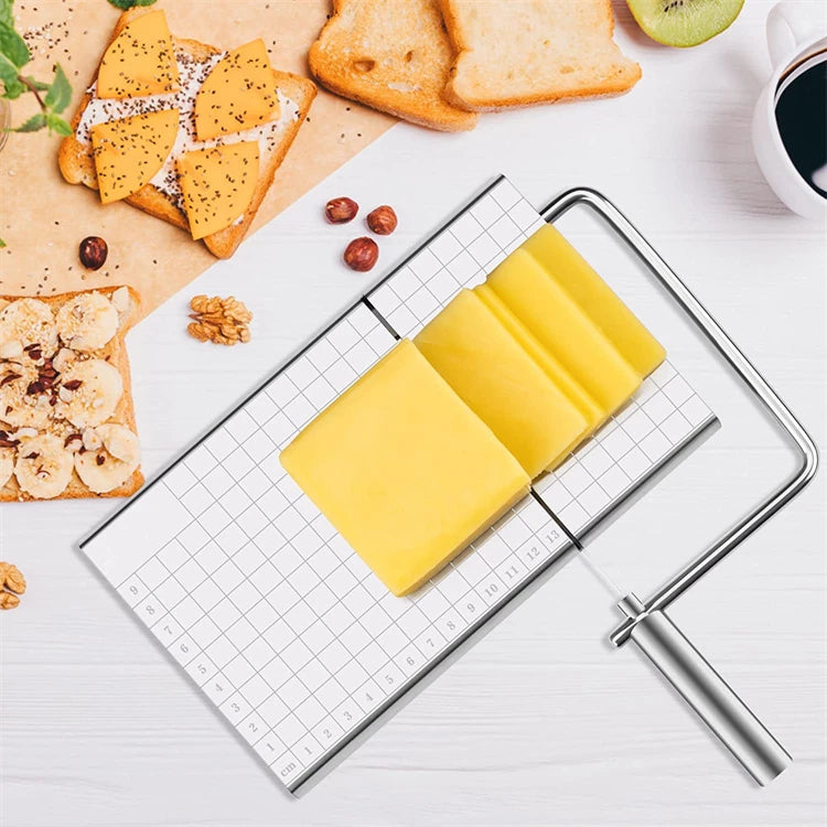 LMETJMA Cheese Slicers with Wire for Block Cheese Adjustable Cheese Cutter Board with 5 Replacement Wires Precise Scale JT53