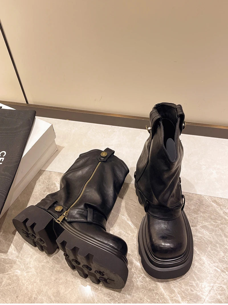 Designer Vintage Women Ankle Boots Fashion Slip On Knight Short Booties Ladies Casaul Platform Heels Botas Mujer