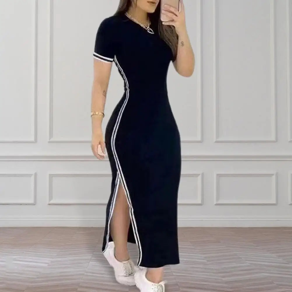 Elegant Summer Women Dress O Neck Side Slit Slim Solid Color Short Sleeves Striped Skinny Maxi Dress