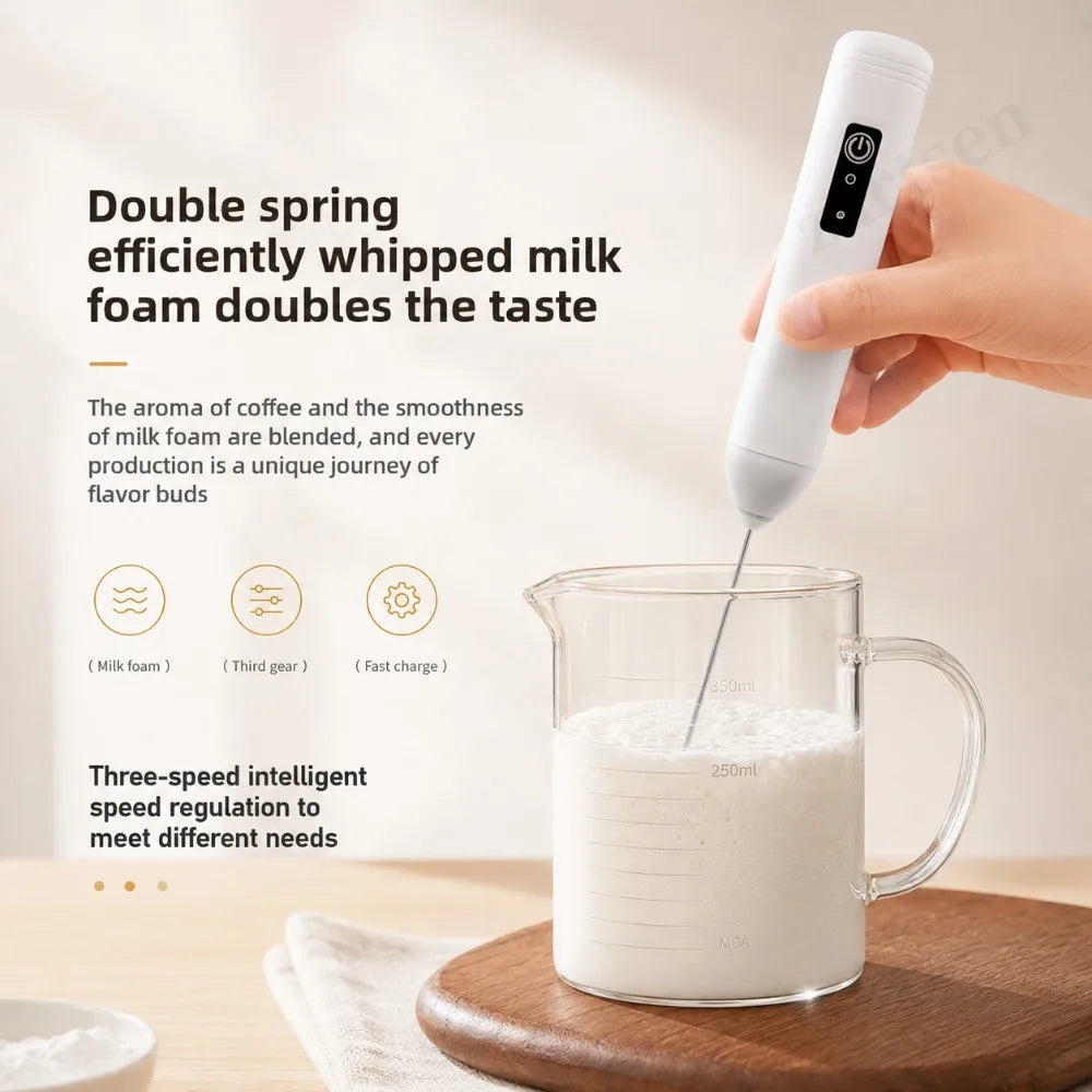 Electric Coffee Frother 2 In 1 Rechargeable Type-C Blender Stainless Steel 3 Speeds Milk Mixer Egg Beater Handheld Foam Maker