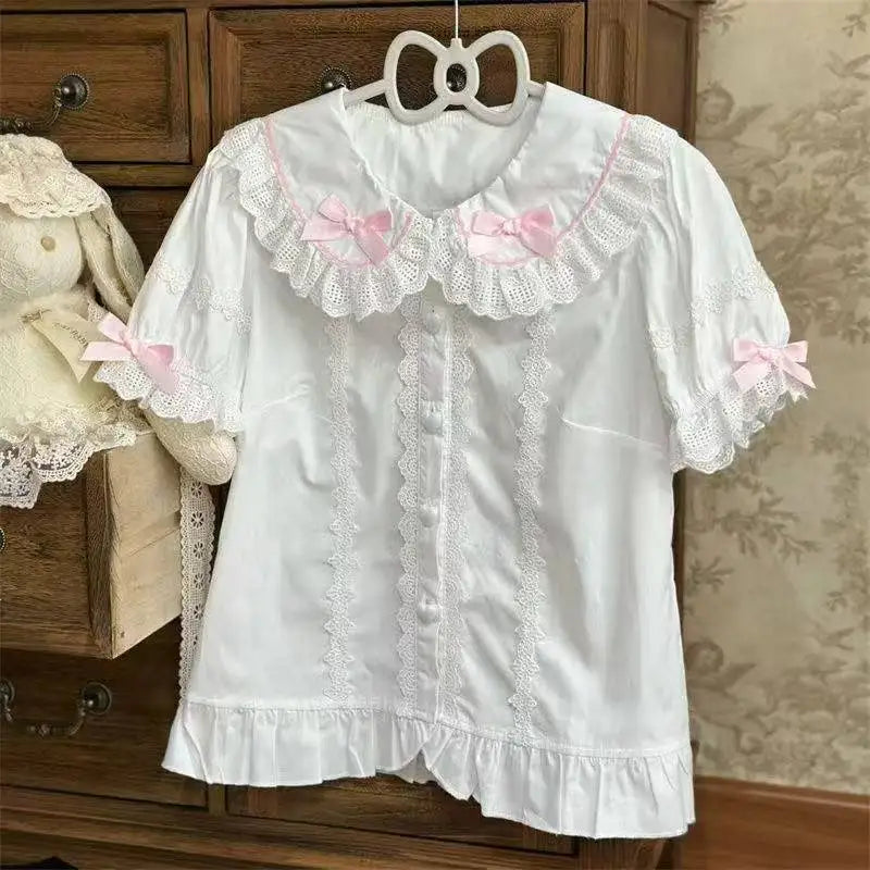 2025 New Summer Kawaii Short Sleeved Blouse Japanese Lolita Cute Sweet Versatile Thin Blusas Women Shirt Princess Party Vestidos