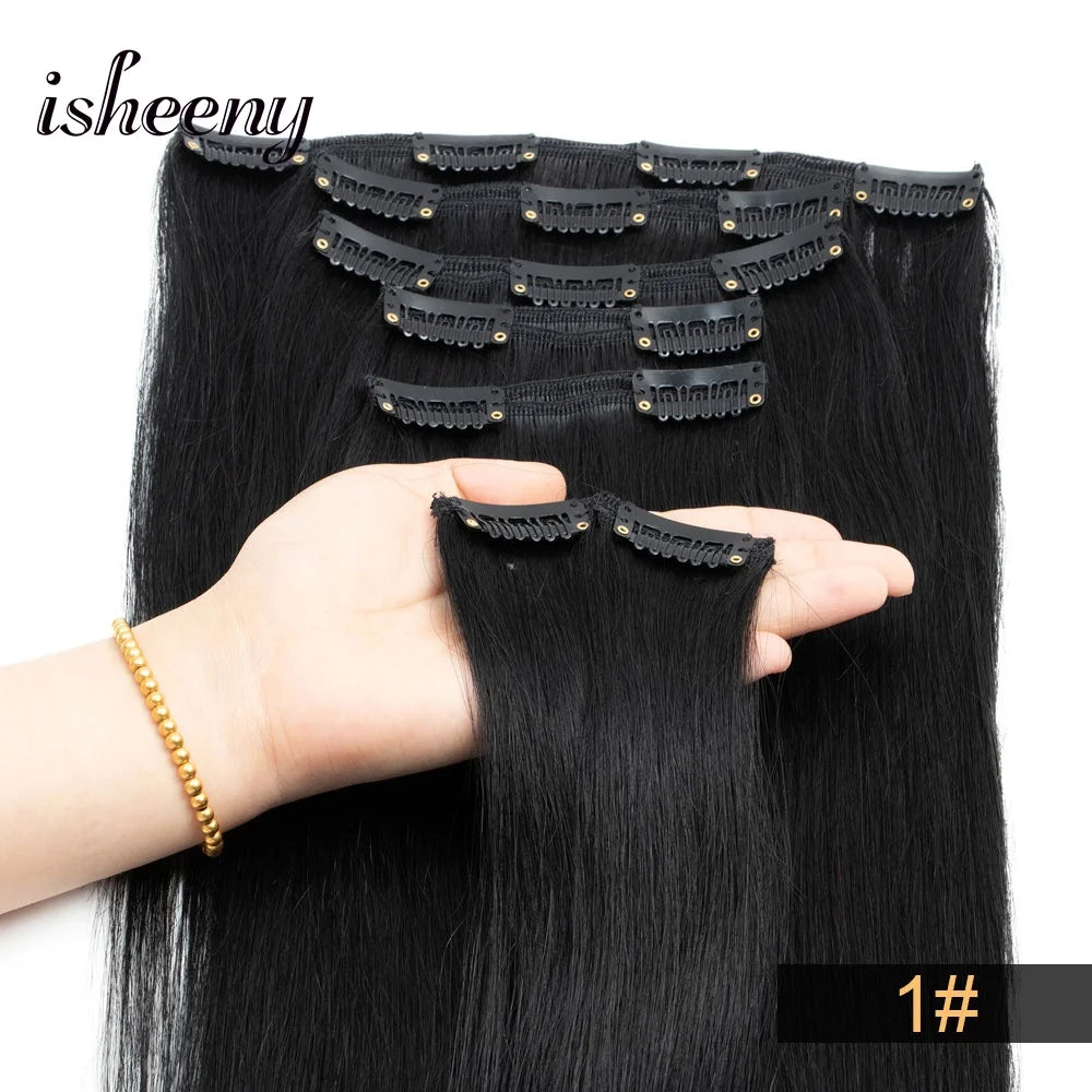 Isheeny 12"-24" Clip In Human Hair Extensions Brazilian Remy Natural Clip Human Hair Extension Real Natural Clip On 50G-120G NEW