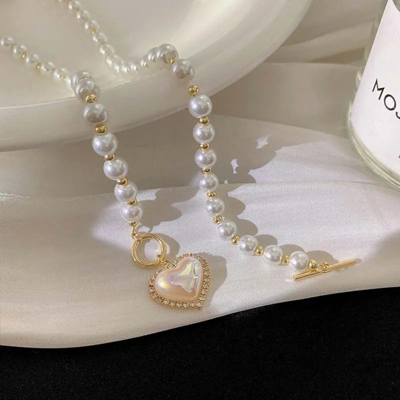 New Ins Heart Shape Pearl Necklace Women Vintage Korean Crystal Love Beads Pendant Choker Wedding Party Fashion Jewelry Gifts