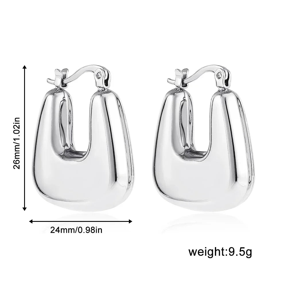 New Trend Silver Color Polished Stainless Steel CC Circle Chunky Hoop Earrings Twist PVD Dome Lightweight Hammered Drop Earrings