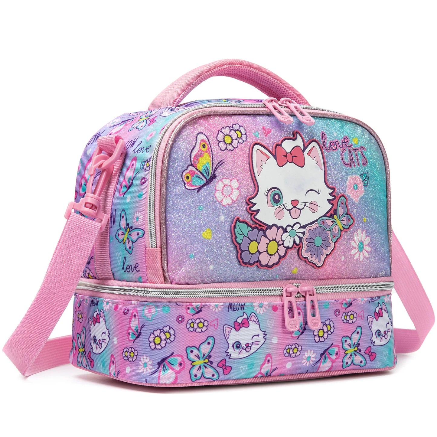 Kids Dual Compartment Lunch Bag for Girls, Double Decker Cooler Insulated Lunch Box Large Meal Tote for Kids