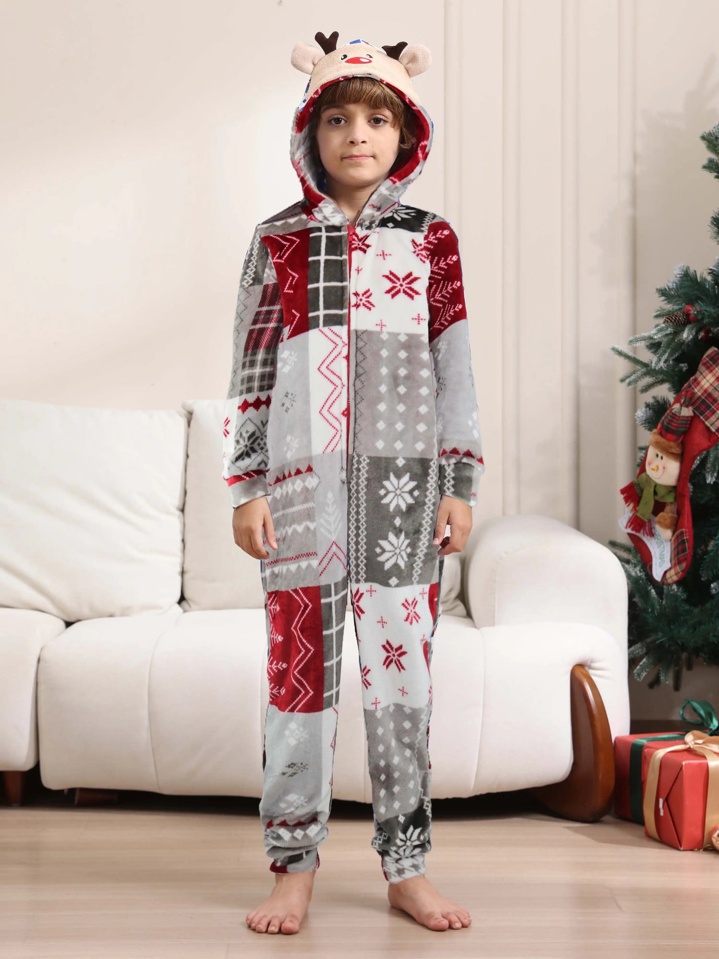 2025 Christmas Velvet Family Matching Clothing Set Zipper Hooded One-piece Jumpsuit Soft Loose Xmas Onesie Warm Thick Sleepwear
