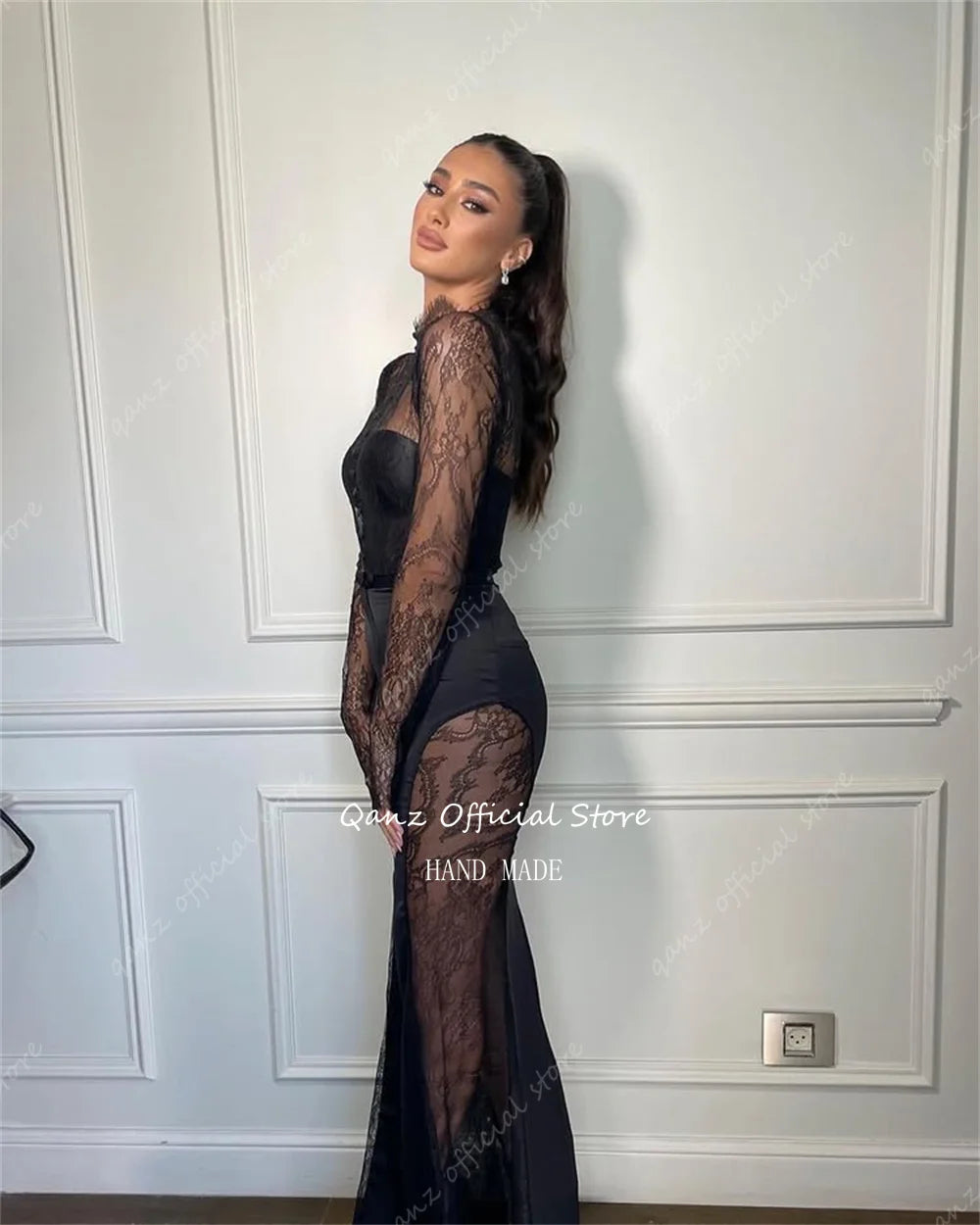 Qanz Modern Black Illusion Prom Dresses Lace Long Sleeves Mermaid Evening Dress Bottons Women Special Party Gown Customized
