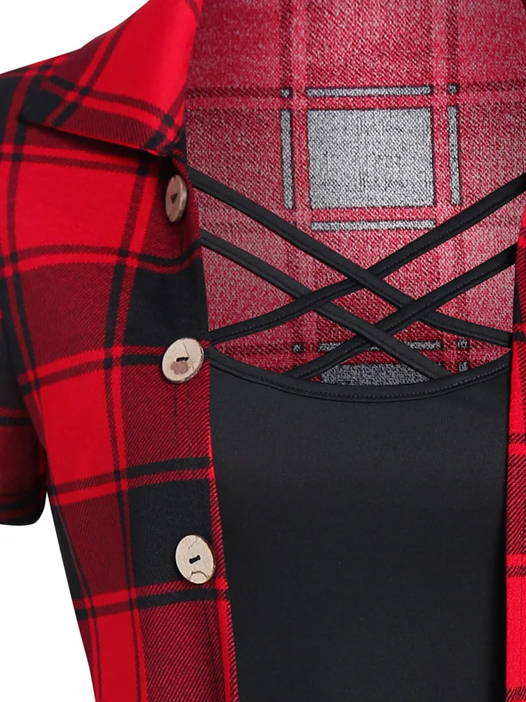 Vintage Plaid Print Crisscross Pointed Hem Faux Twinset T Shirt Women Fashion Casual Retro Combo Twofer 2 In 1 Tees