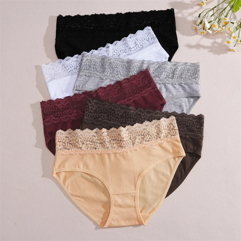 FINETOO 2Pcs Women Cotton Seamless Underwear Sexy Lace Waist Patchwork Panties Female Solid Briefs Plus size Breathable Lingerie