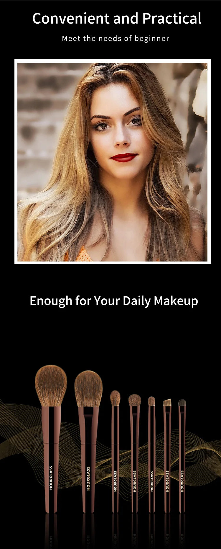 Hourglass Makeup Brush Set Mini Portable 7 Pcs, High Quality Soft Animal Hair Brush Include Eyeshadow,Blush,Powder Brush