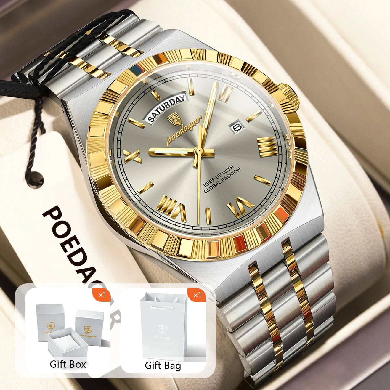 POEDAGAR Original Male Watch Luminous Waterproof Week Date Men Wristwatch Stainless Steel Business Quartz Men's Watches Gift+Box