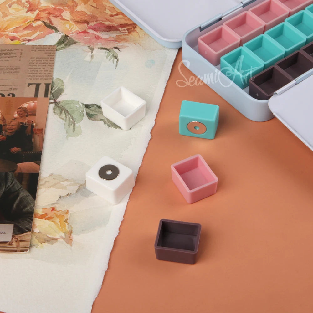 SeamiArt 50pcs Magnetic Half Pans Four colors for Watercolor Tube Subpackage Tin Box Palette Painting Tools Art Supplies