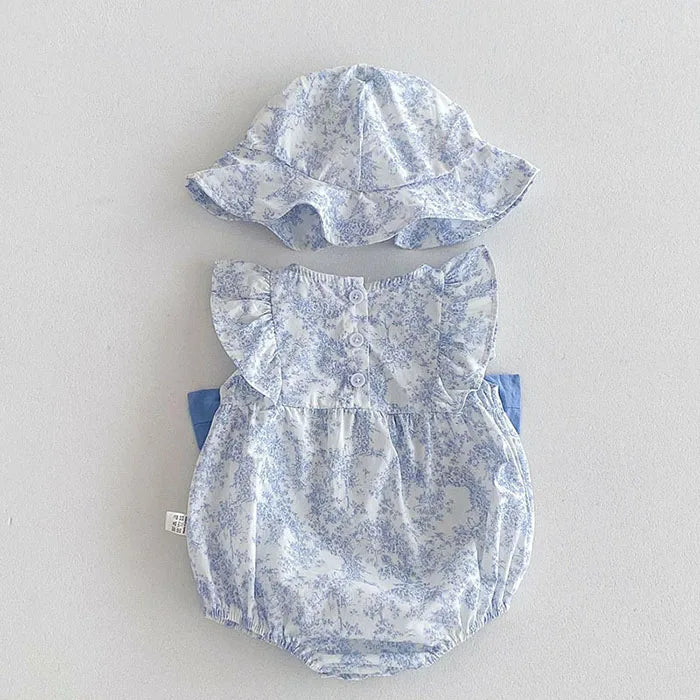 2025 New Summer Infant Baby Girls Bodysuits+Hat Sleeveless Cotton Flower Print Toddler Baby Girls Jumpsuit 0-24M Baby Clothing