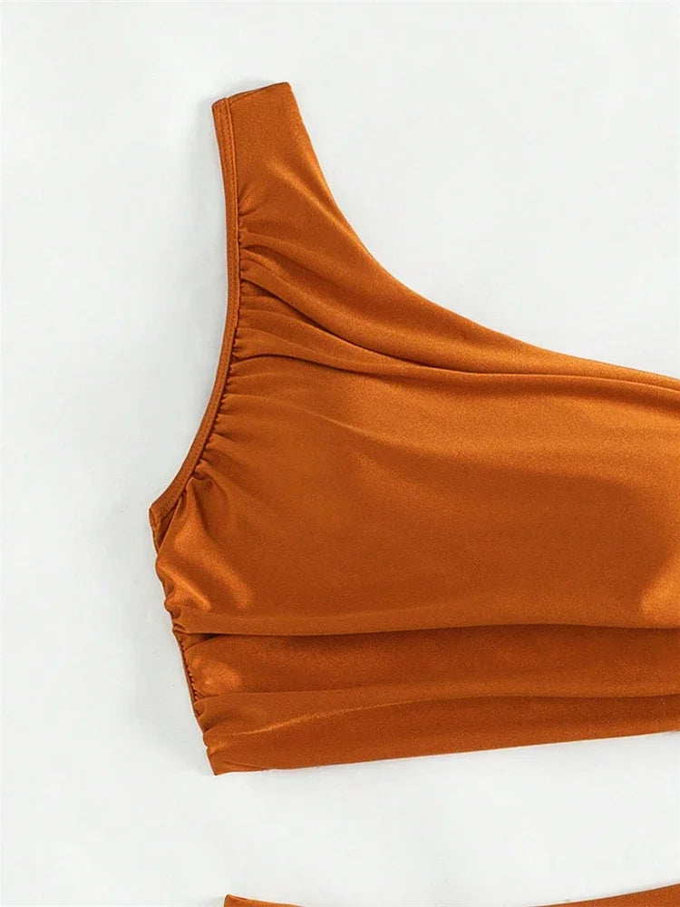 Circyy Single Shoulder Bikini Set Women Swimsuit Two-Piece Pleated Female Swimwear Bathing Summer Fashion High Waisted Beachwear